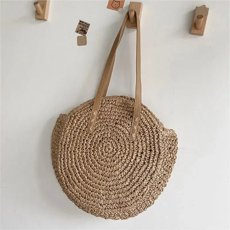 Summer Round Straw Beach Tote Bag