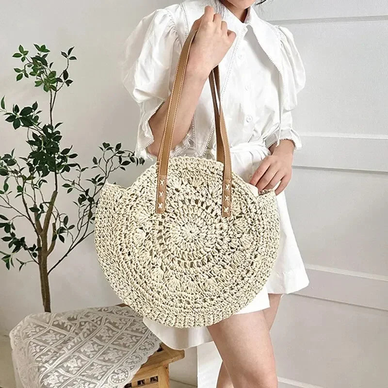 Summer Round Straw Beach Tote Bag