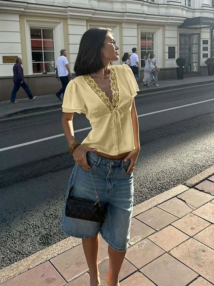 Women's Satin Lace-Trim Button Top – Slim Fit Elegant Tee