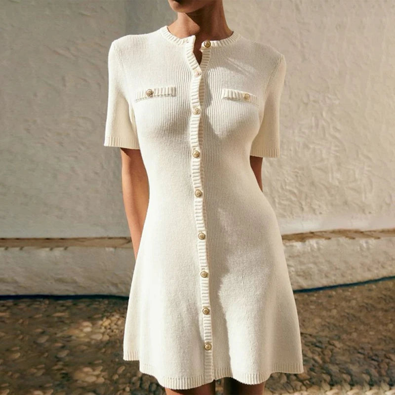Elegant Ribbed Knit Mini Dress – Slim Fit Button Detail Sweater Dress