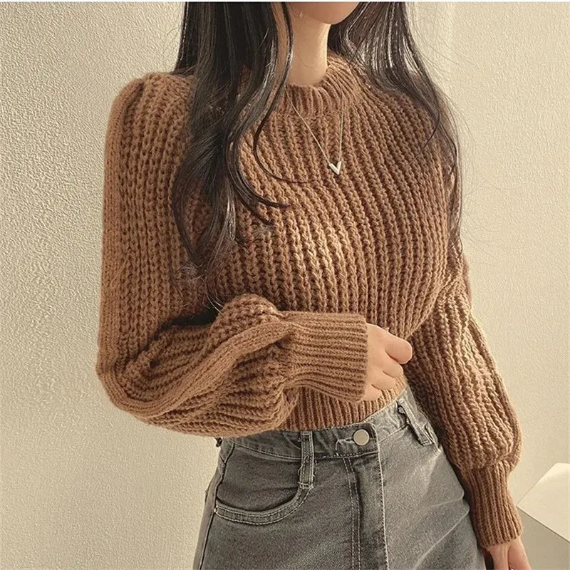 Women's Vintage Lantern Sleeve Knit Sweater – Soft Warm Loose Fit Top