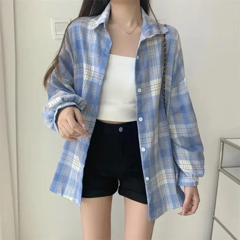 Women's Vintage Plaid Long Sleeve Shirt – Preppy Loose Fit Blouse