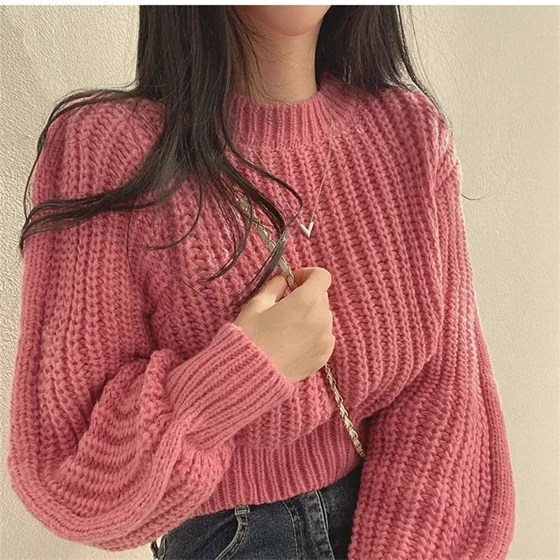 Women's Vintage Lantern Sleeve Knit Sweater – Soft Warm Loose Fit Top