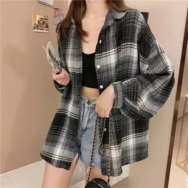 Women's Vintage Plaid Long Sleeve Shirt – Preppy Loose Fit Blouse