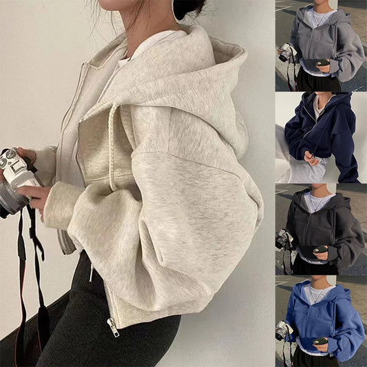 Women's Fleece-Lined Cropped Zip Hoodie – Slim Fit Warm Sweatshirt