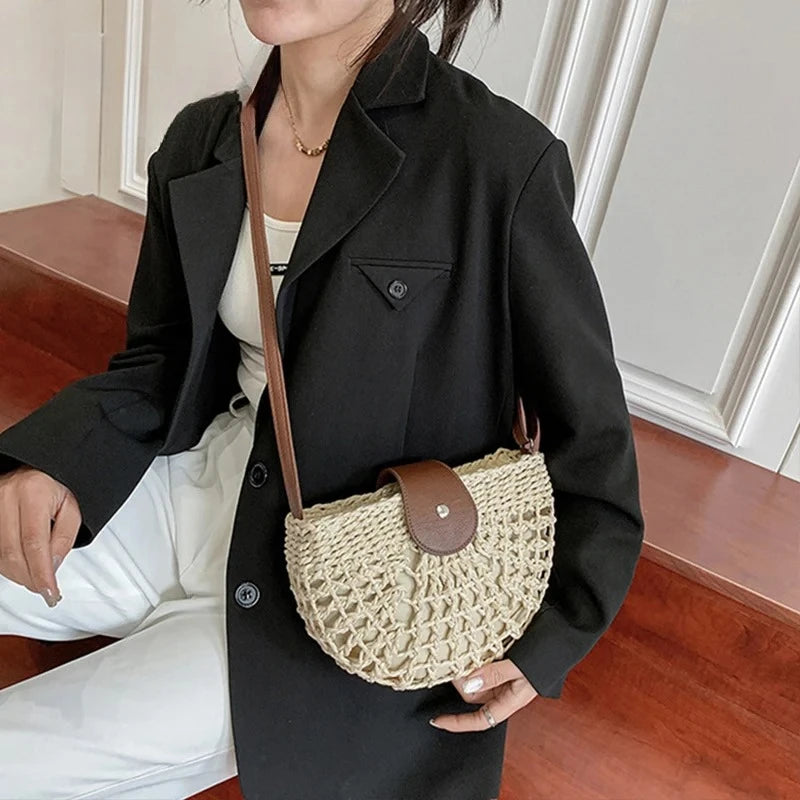Bohemian Half Moon Straw Shoulder Bag