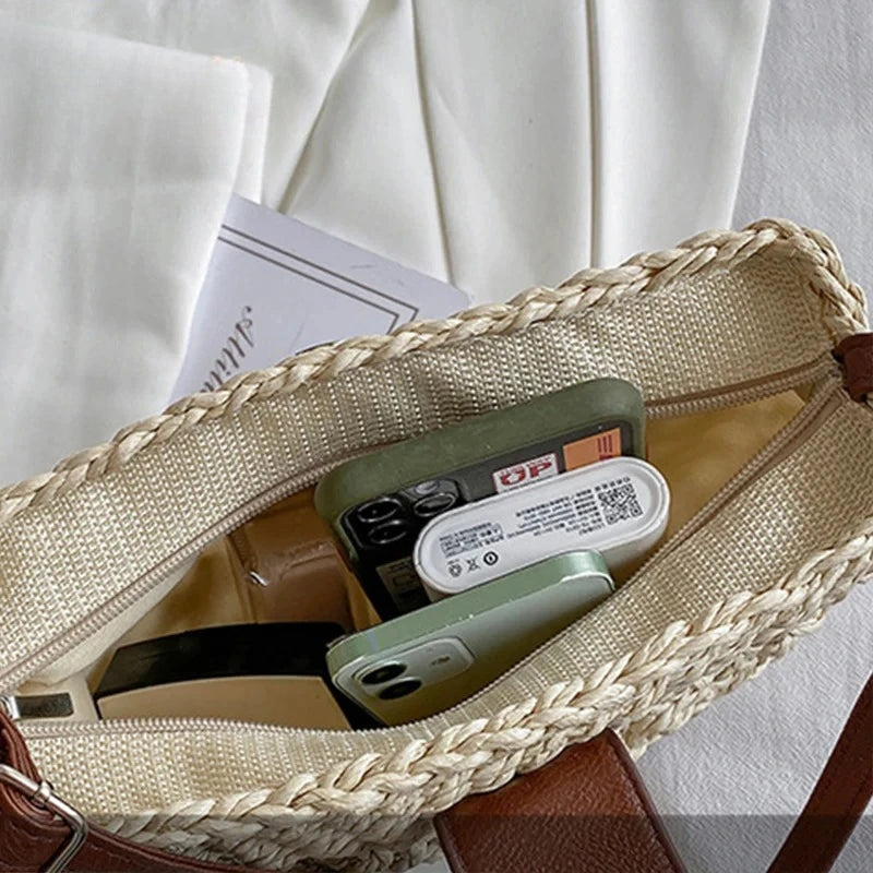 Bohemian Half Moon Straw Shoulder Bag