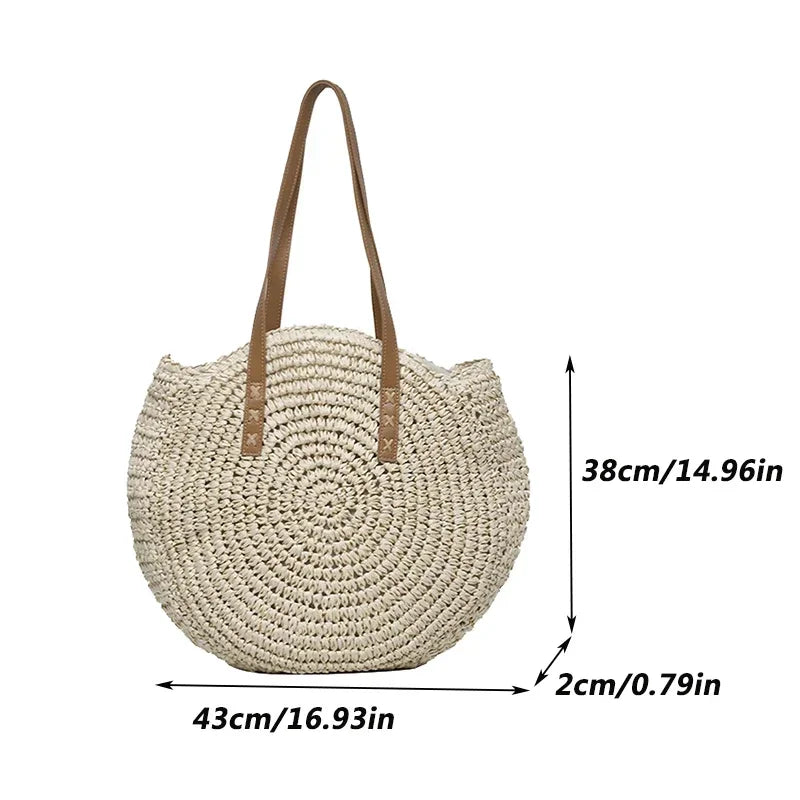 Summer Round Straw Beach Tote Bag