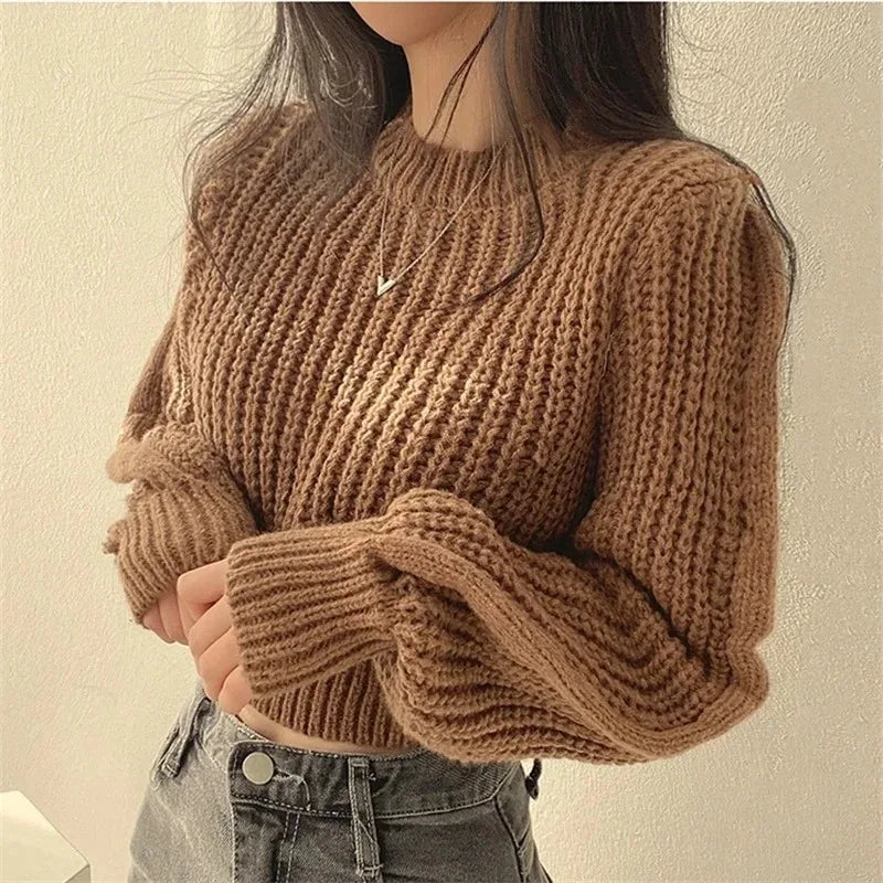 Women's Vintage Lantern Sleeve Knit Sweater – Soft Warm Loose Fit Top