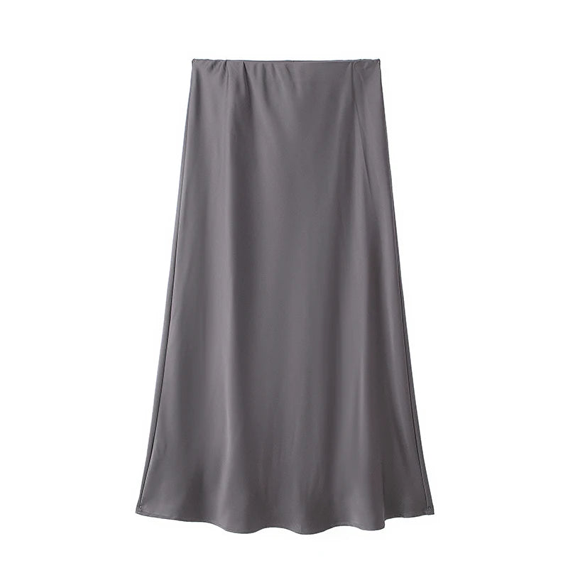 Women's High-Waist Satin Midi Skirt – Elegant Office & Everyday Wear