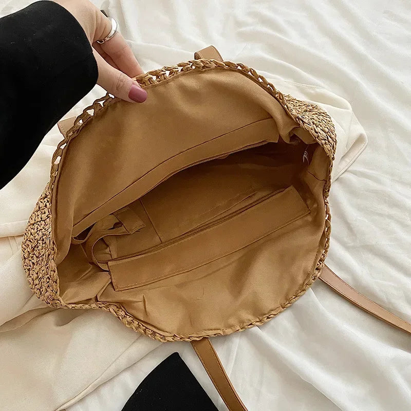 Summer Round Straw Beach Tote Bag