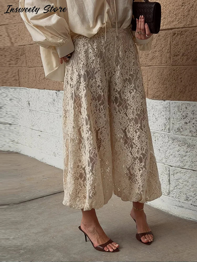 Bohemian Lace-Trim High-Waist Lounge Pants