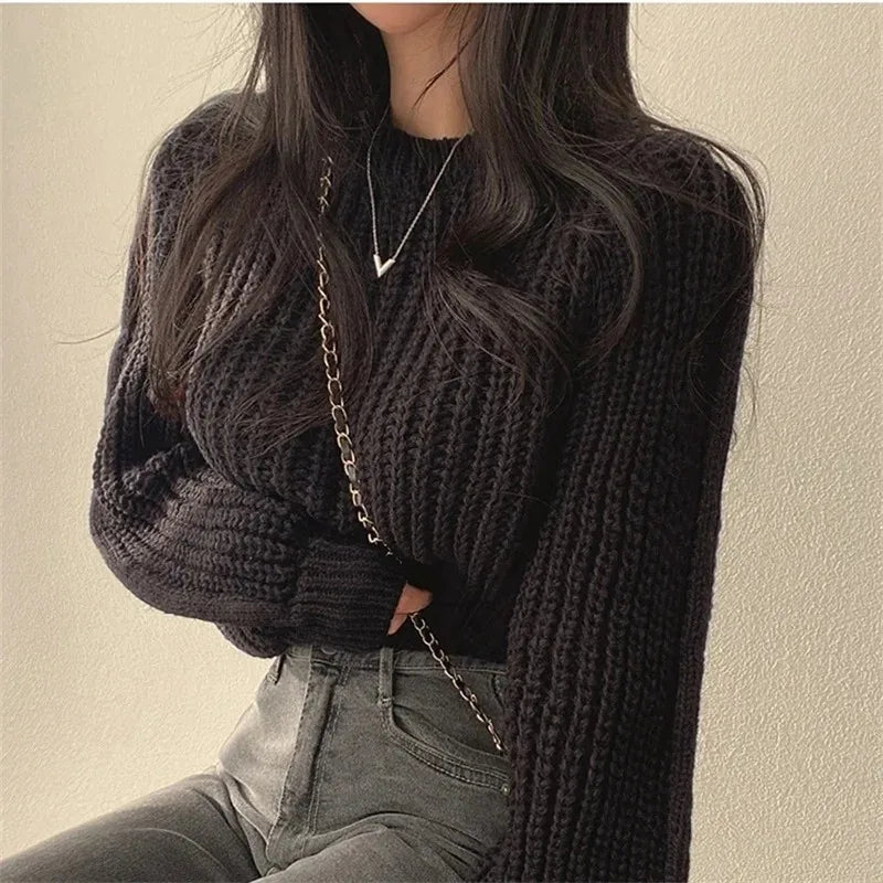 Women's Vintage Lantern Sleeve Knit Sweater – Soft Warm Loose Fit Top