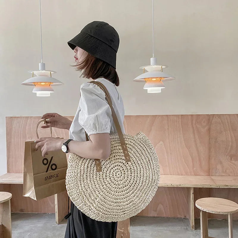 Summer Round Straw Beach Tote Bag