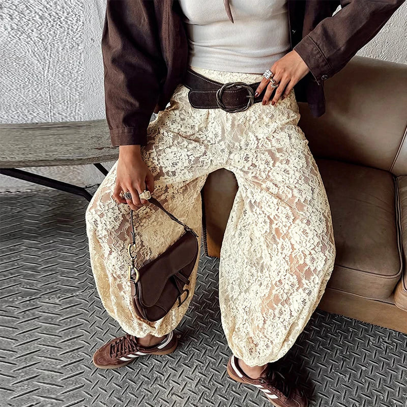 Bohemian Lace-Trim High-Waist Lounge Pants