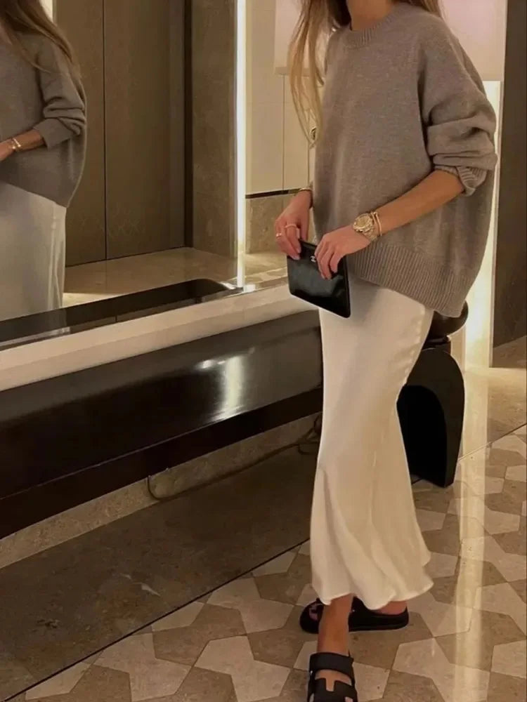 Women's High-Waist Satin Midi Skirt – Elegant Office & Everyday Wear