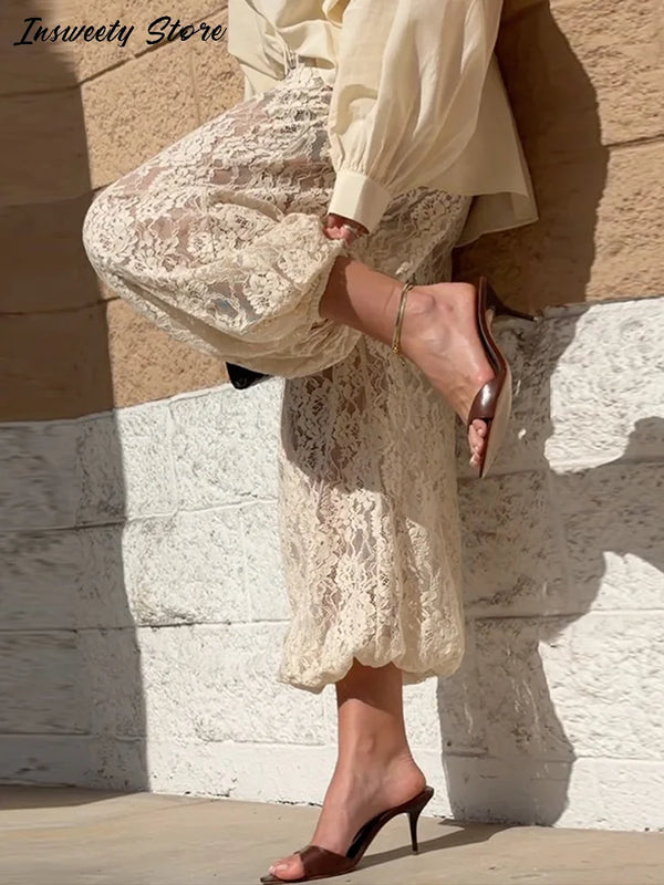 Bohemian Lace-Trim High-Waist Lounge Pants