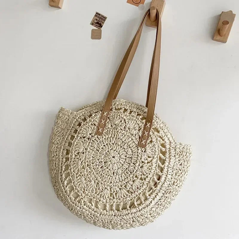 Summer Round Straw Beach Tote Bag