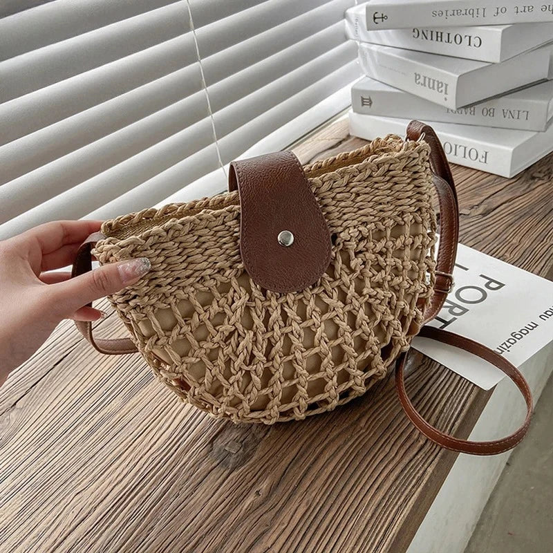 Bohemian Half Moon Straw Shoulder Bag