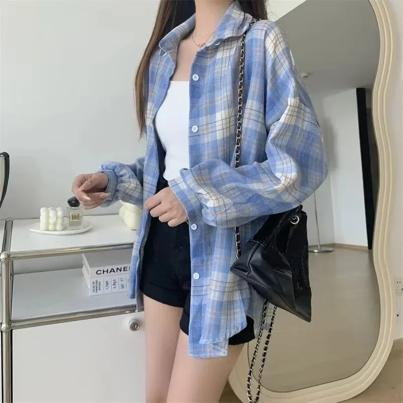 Women's Vintage Plaid Long Sleeve Shirt – Preppy Loose Fit Blouse