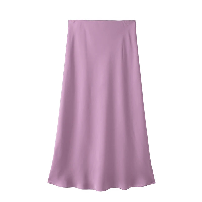 Women's High-Waist Satin Midi Skirt – Elegant Office & Everyday Wear
