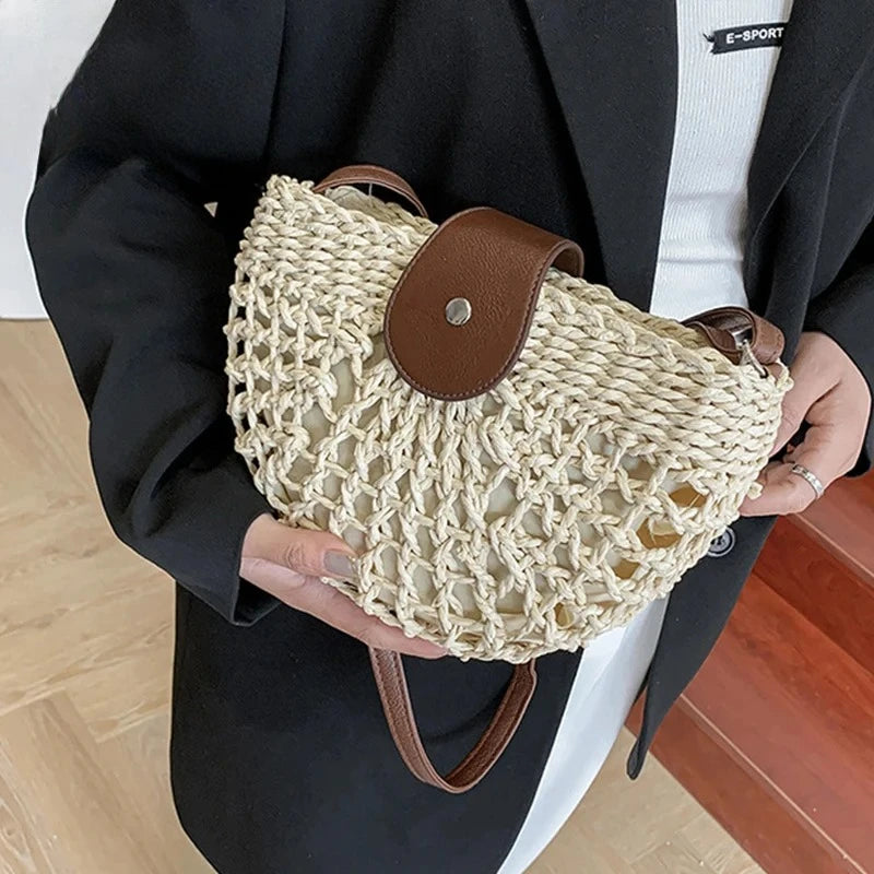Bohemian Half Moon Straw Shoulder Bag