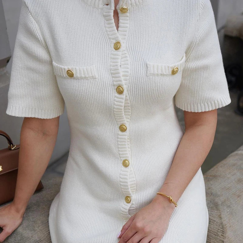Elegant Ribbed Knit Mini Dress – Slim Fit Button Detail Sweater Dress