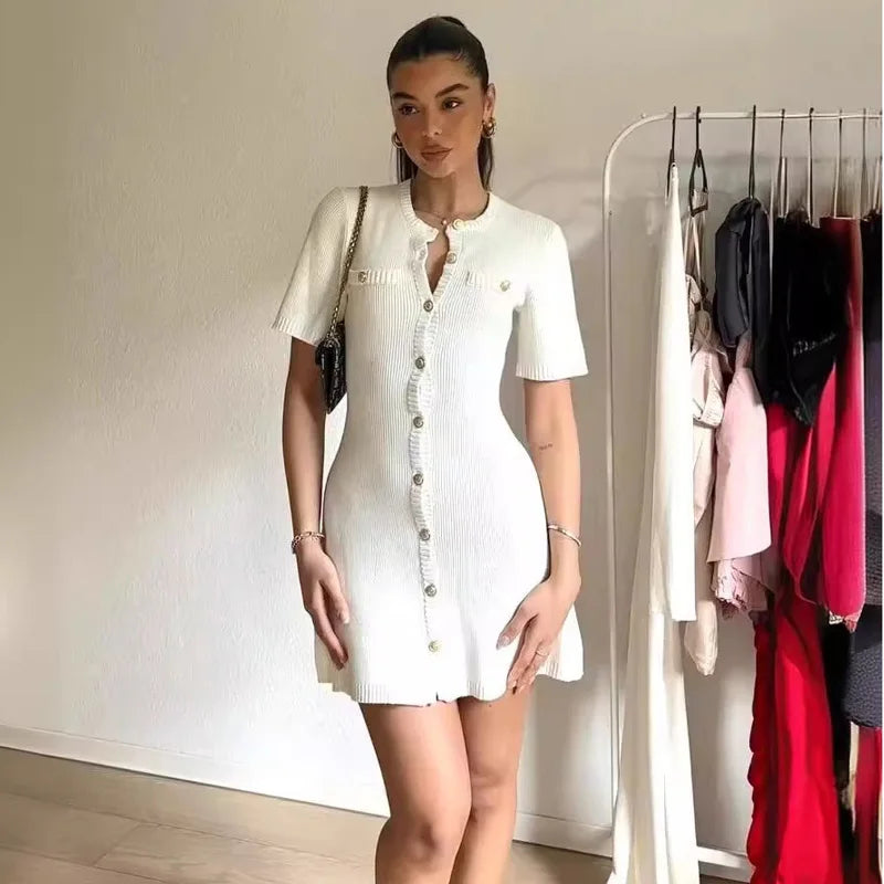 Elegant Ribbed Knit Mini Dress – Slim Fit Button Detail Sweater Dress