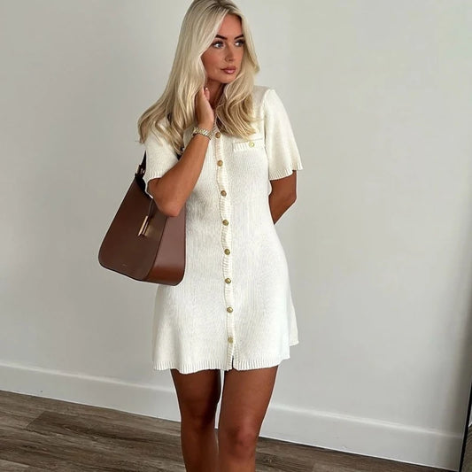 Elegant Ribbed Knit Mini Dress – Slim Fit Button Detail Sweater Dress