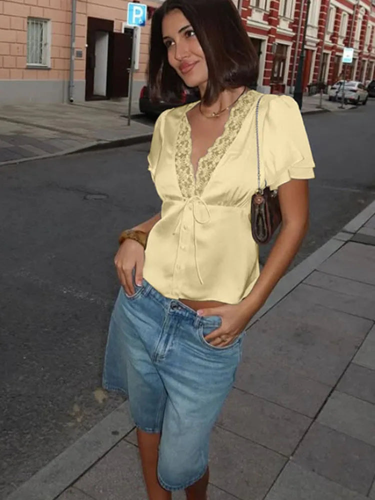 Women's Satin Lace-Trim Button Top – Slim Fit Elegant Tee