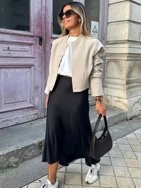 Women's High-Waist Satin Midi Skirt – Elegant Office & Everyday Wear