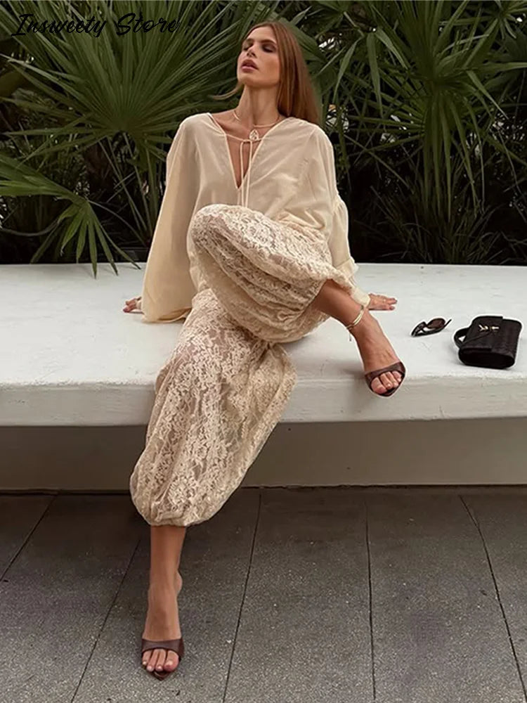 Bohemian Lace-Trim High-Waist Lounge Pants