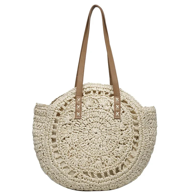 Summer Round Straw Beach Tote Bag