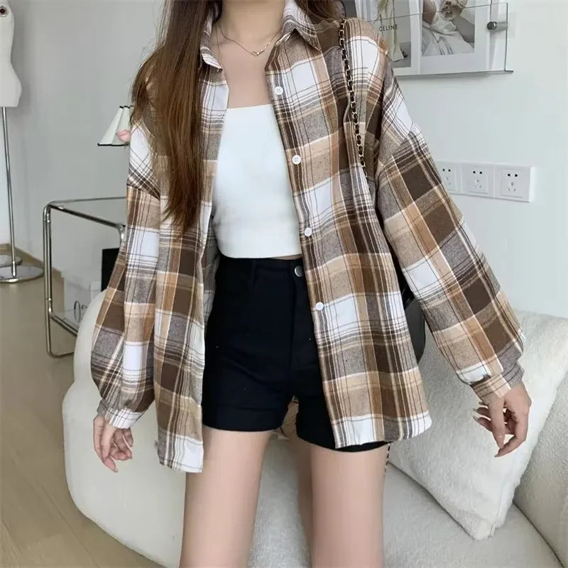 Women's Vintage Plaid Long Sleeve Shirt – Preppy Loose Fit Blouse