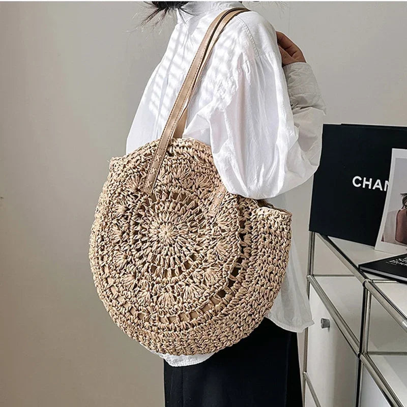Summer Round Straw Beach Tote Bag