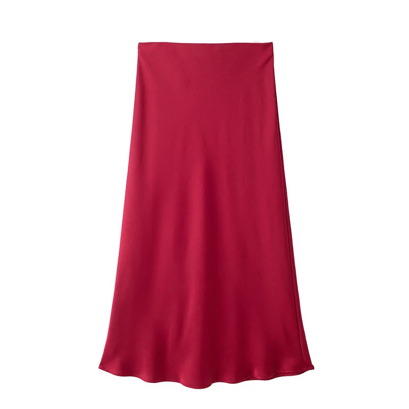 Women's High-Waist Satin Midi Skirt – Elegant Office & Everyday Wear