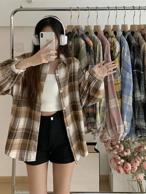 Women's Vintage Plaid Long Sleeve Shirt – Preppy Loose Fit Blouse