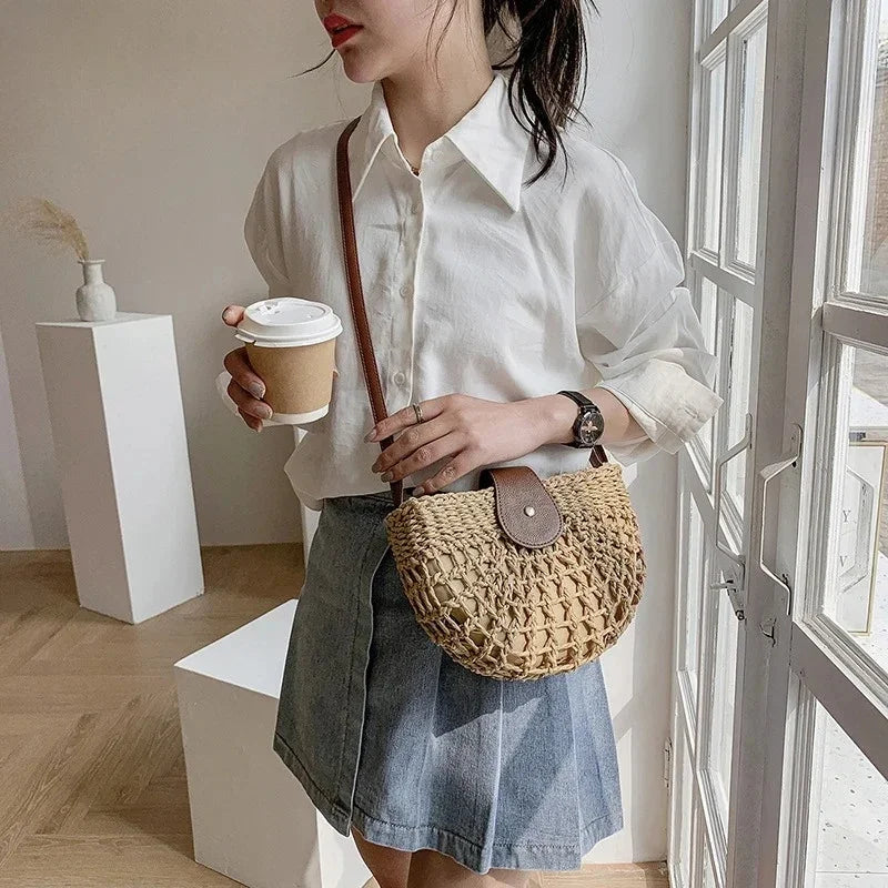Bohemian Half Moon Straw Shoulder Bag